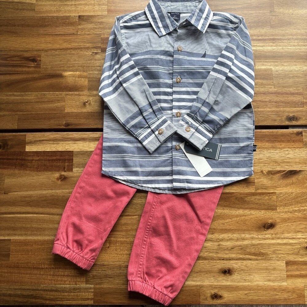Nautica Boy’s Set Pull On Pants / Button Down Shirt Size 3T Preppy School NEW